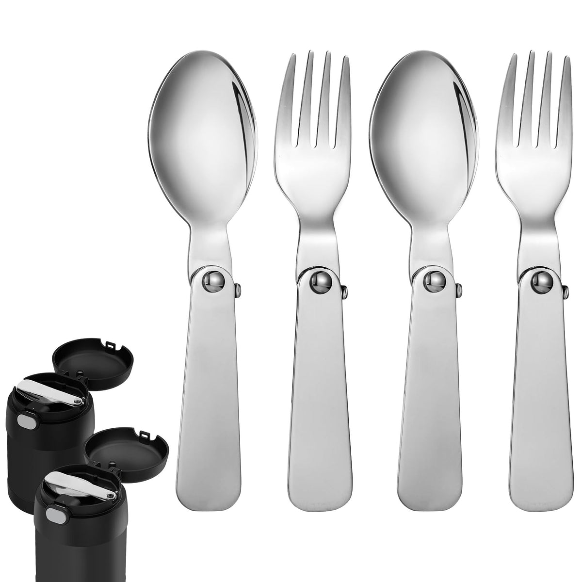 2 Pairs Foldable Stainless Steel Spoons & Forks for Food Jars, Travel, Camping