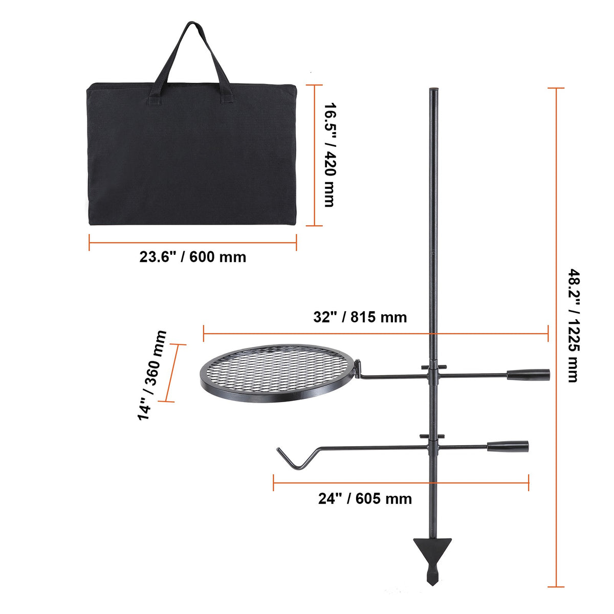 Swivel Campfire Grill with Steel Grate for Outdoor Cooking, Adjustable