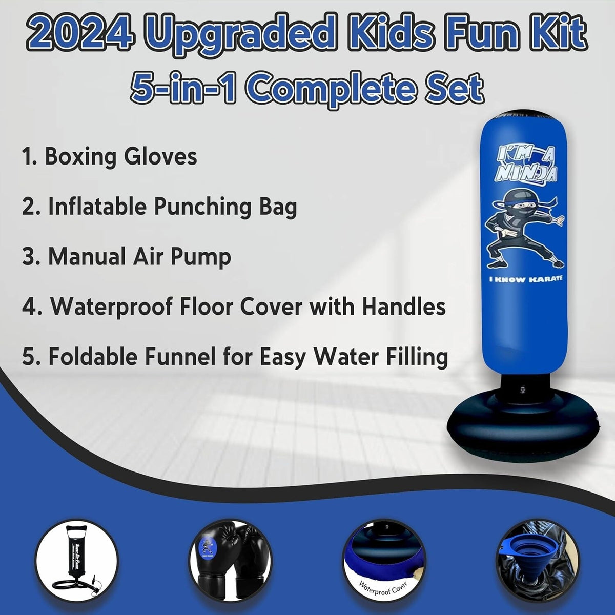 Kids Punching Bag Set 5-in-1 Durable Inflatable Boxing Sack for Children