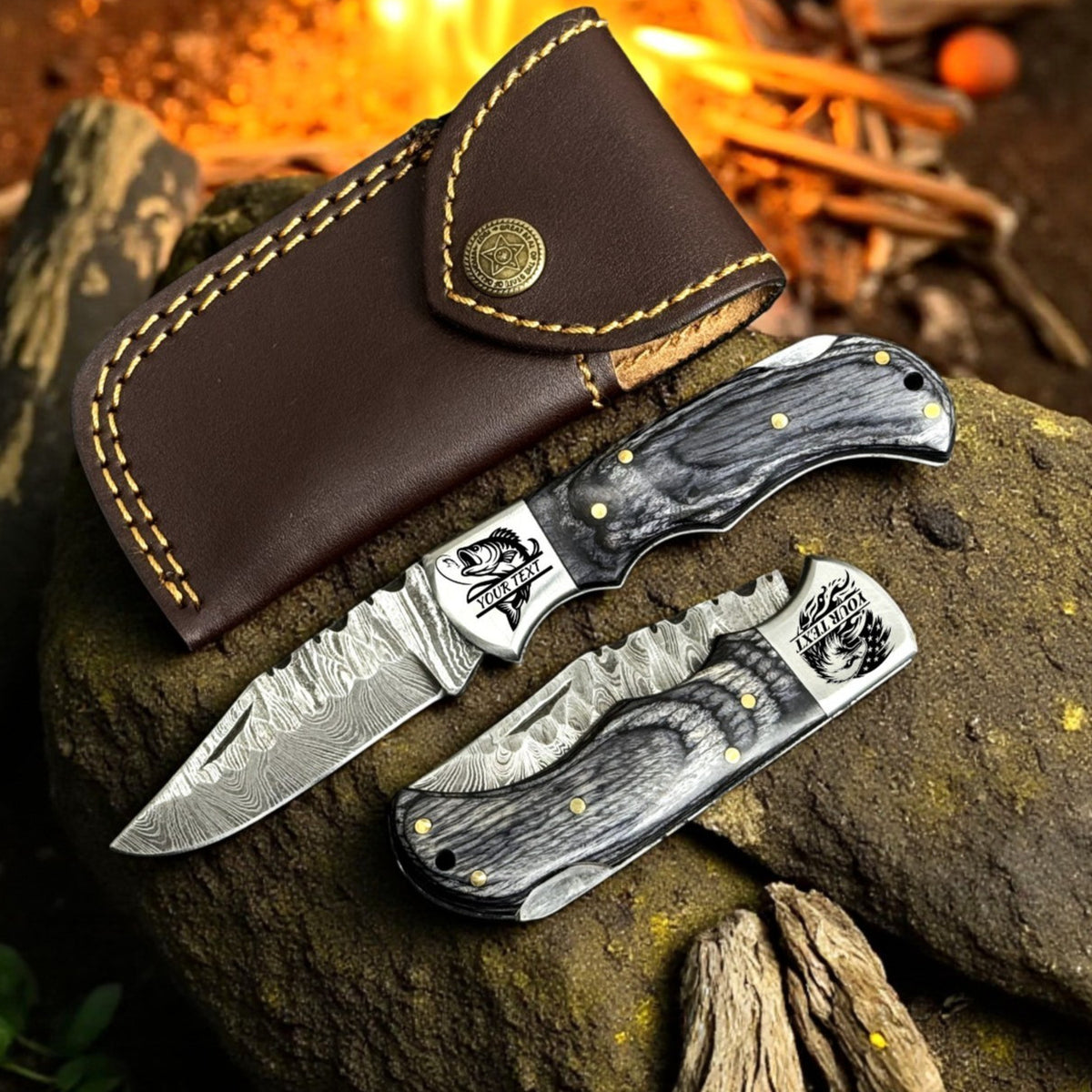 Handmade Damascus Folding Knife with Carved Pattern Blade and Wood Handle