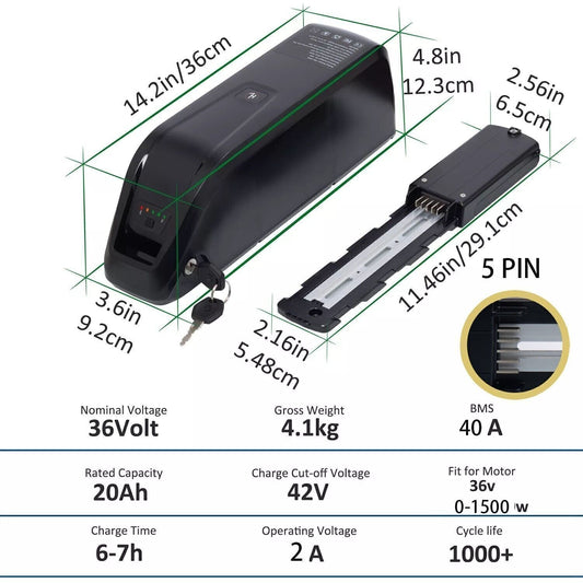 Electric Bicycle Battery 36V/48V/52V 20Ah 40A 5-Pin for eBike & Electric Bike