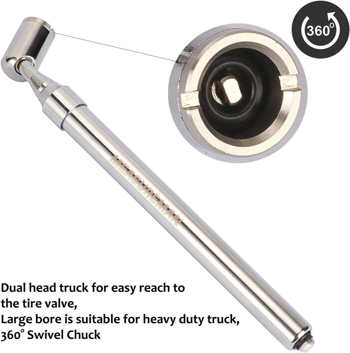 Heavy Duty Large Bore Dual Head Truck Tire Pressure Gauge with 360° Swivel Chuck