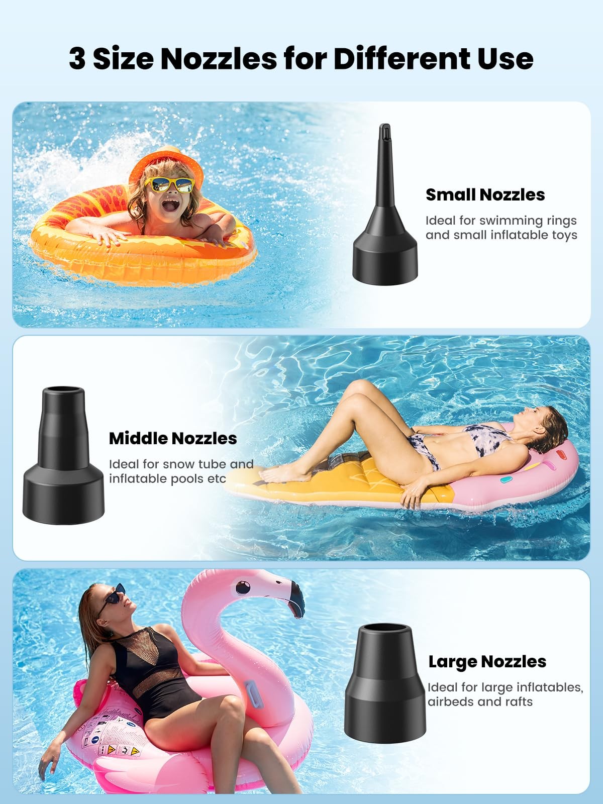 Electric Air Pump for Inflatables with 3 Nozzles Portable Quick Inflator