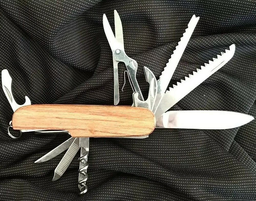 Multi-Tool Pocket Knife with Wood Handles, 10 Functions, Camping Gear