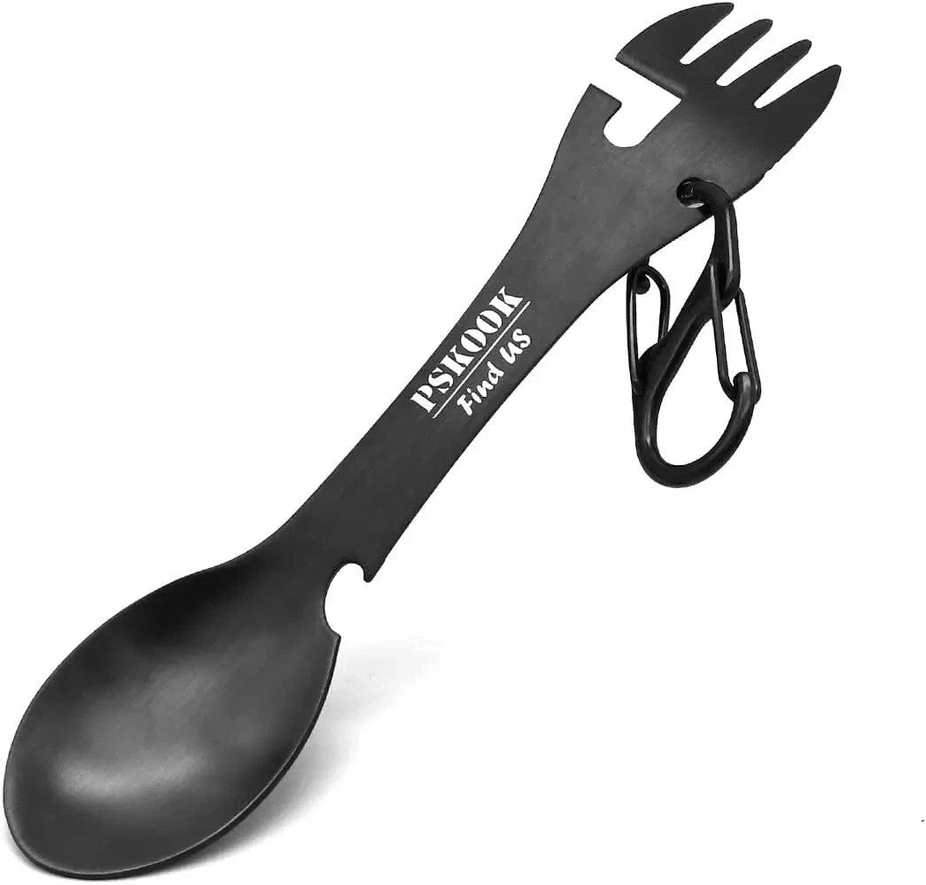 5-in-1 Stainless Steel Camping Spork Set with Bottle Opener & Carabiner