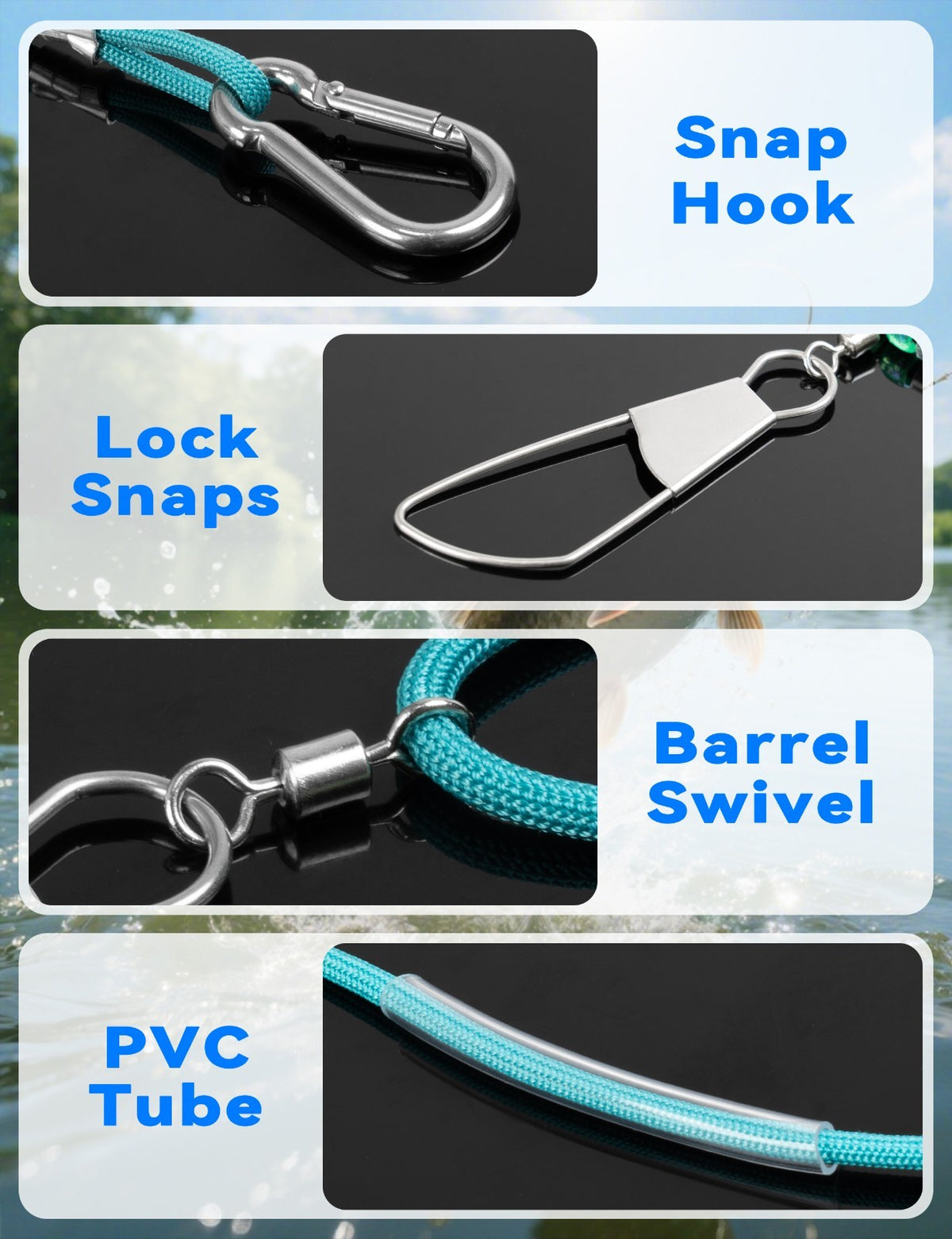 8ft Fishing Stringer with Stainless Steel Lock Snaps for Catch Organization