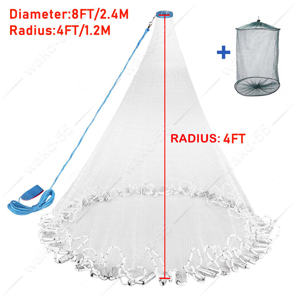 Heavy Duty Fishing Cast Net 6-16FT for Bait & Catching Fish - Durable Nylon Mesh