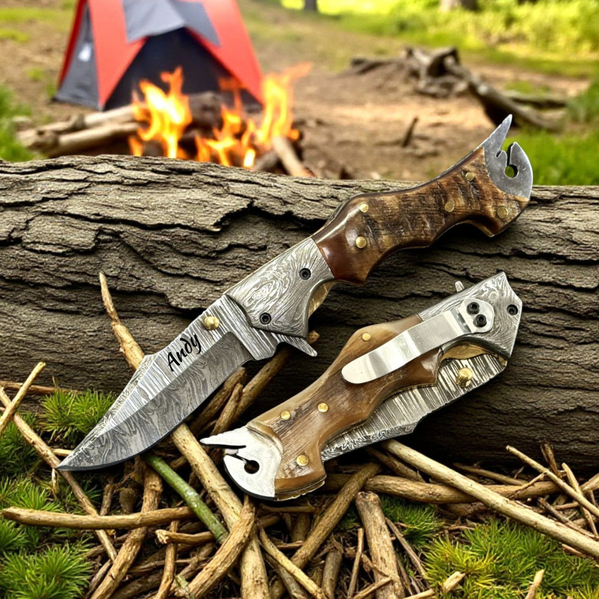 Personalized Damascus Steel Folding Knife with Ram Horn Handle and Belt Clip