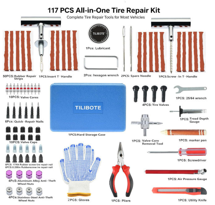 Automotive Tire Repair Kit 117 Pieces for Cars Motorcycles Trucks ATV