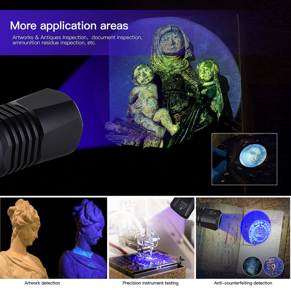 UV Blacklight Flashlight 365nm Rechargeable Pet Urine Detector