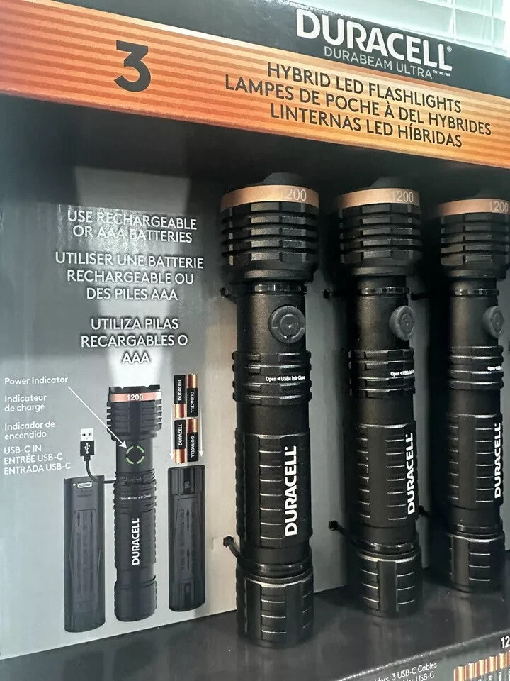 Duracell LED Flashlights Set of 3 1200 Lumens Rechargeable & AAA USB-C Cables