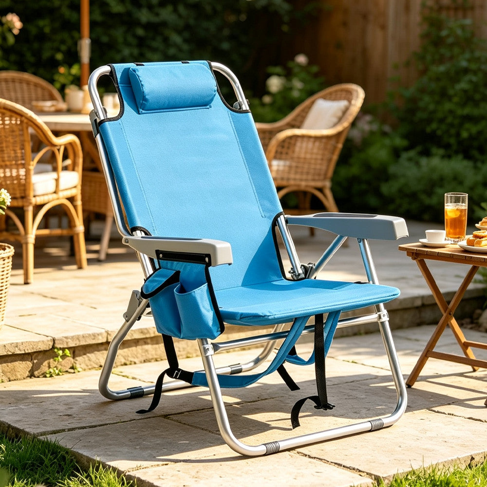 Blue Adjustable Beach Chair with Storage Cooler Pouch - Lightweight Portable Folding Chair