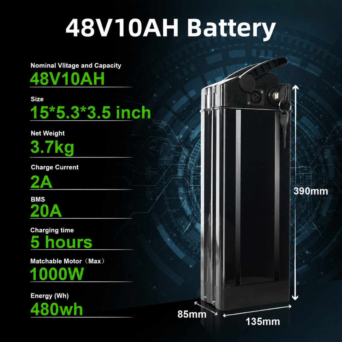 48V 10Ah Folding Electric Bike Battery for 200W-1000W Motor