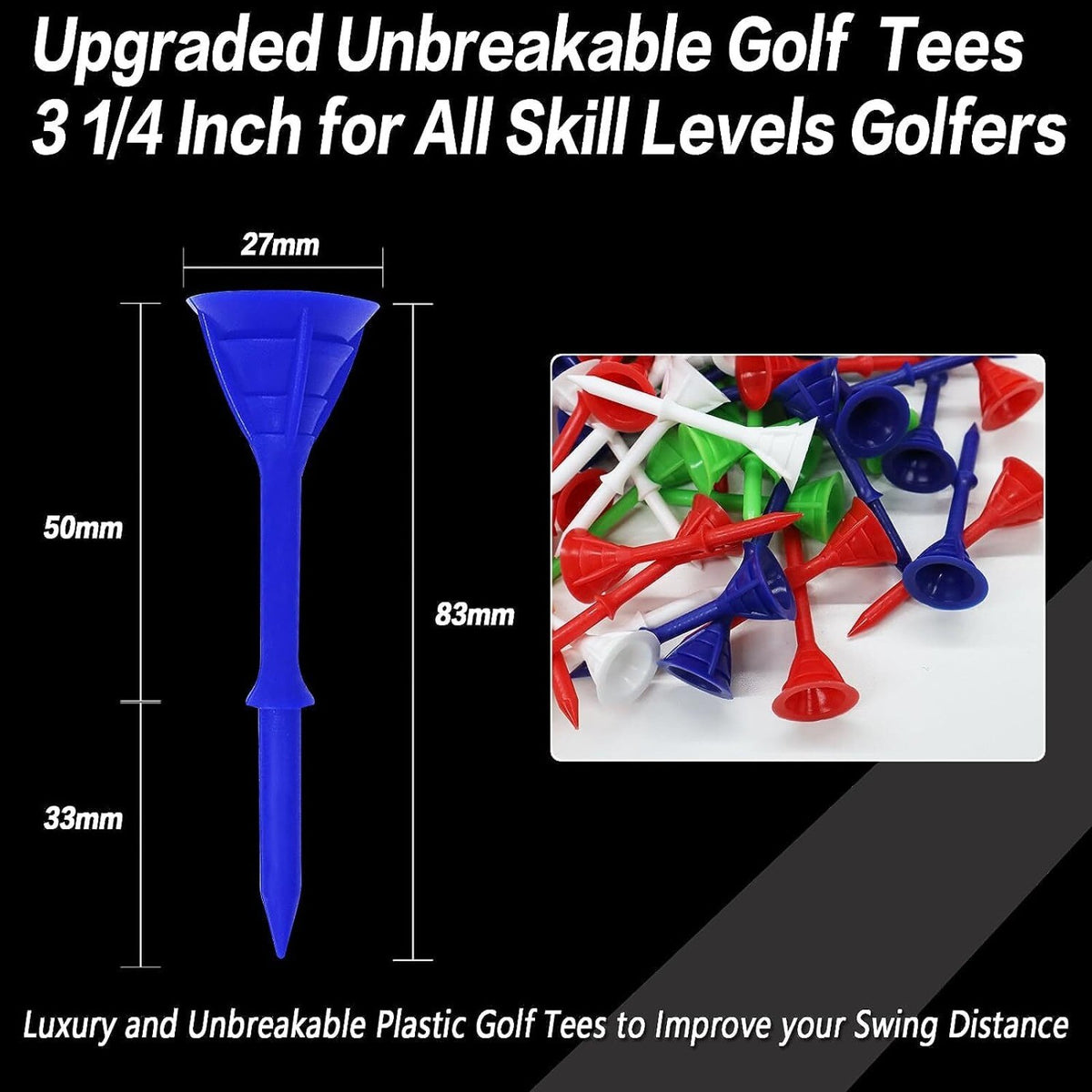 Premium Plastic Golf Tees 3 1/4 Inch Long Pack of 120 Durable Low Friction