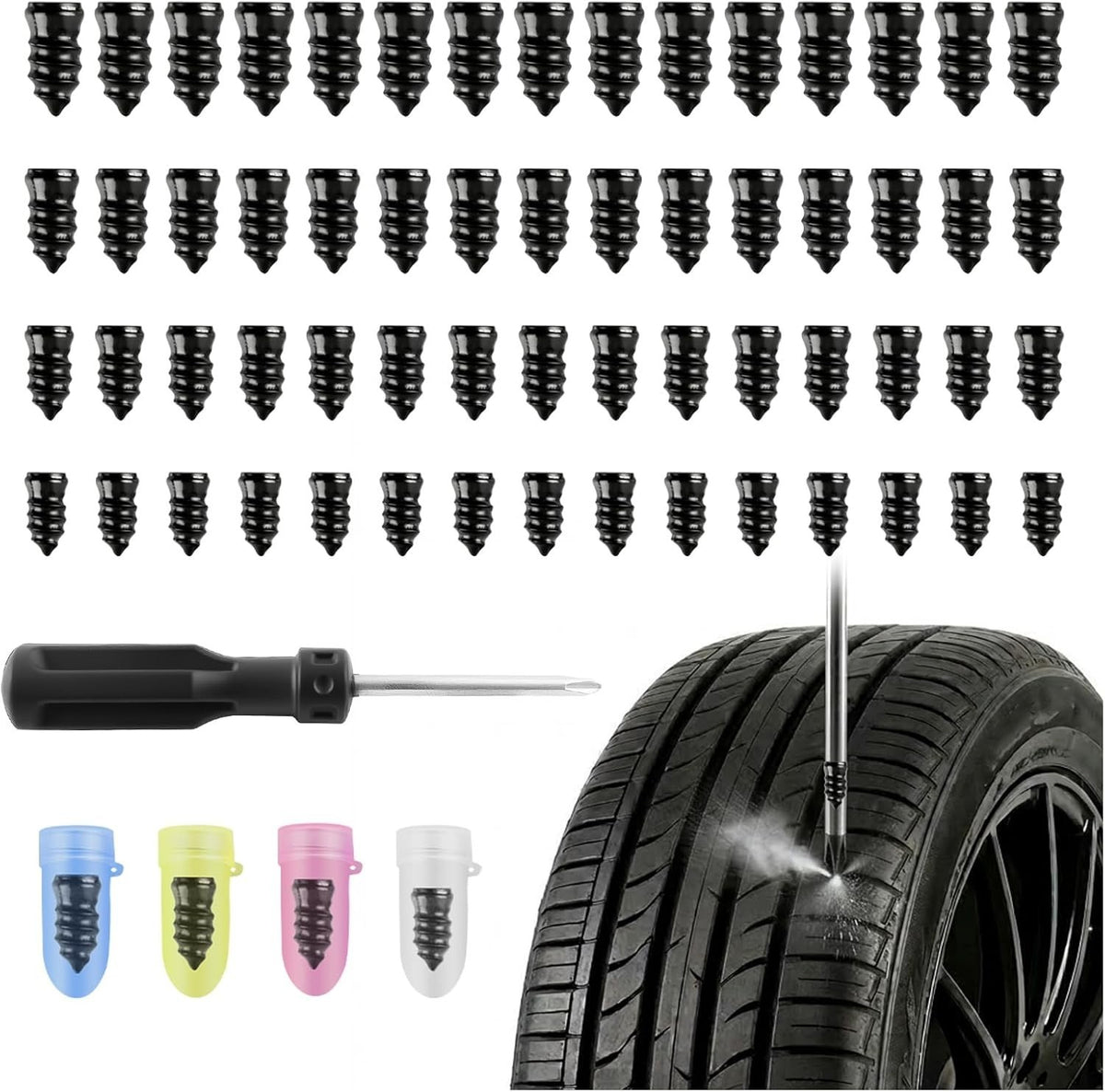 Automotive Tire Repair Kit with 60 Self-Drilling Screw-in Plugs & Screwdriver
