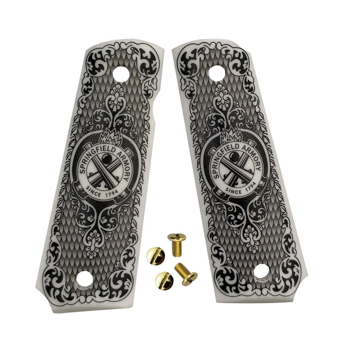 1911 Pistol Grips White Pearl Polymer with Springfield Logo - Custom Full Size Fit