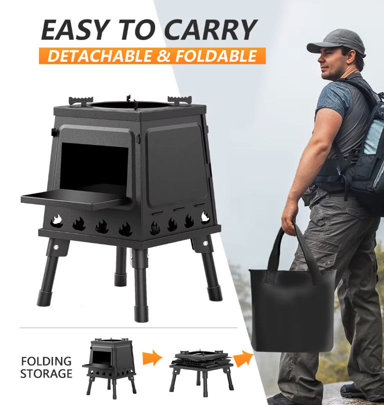Portable Cast Iron Wood Stove for Camping and Hiking with Carry Case