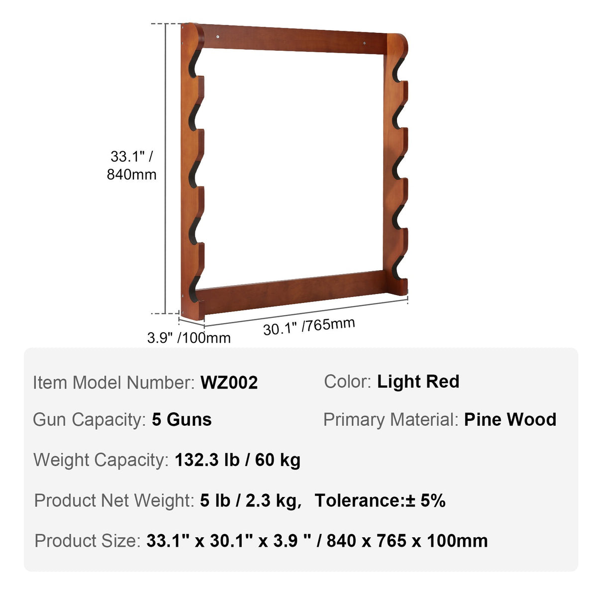 Wall Mount Gun Rack for Rifles - Holds 5 Firearms in Solid Wood