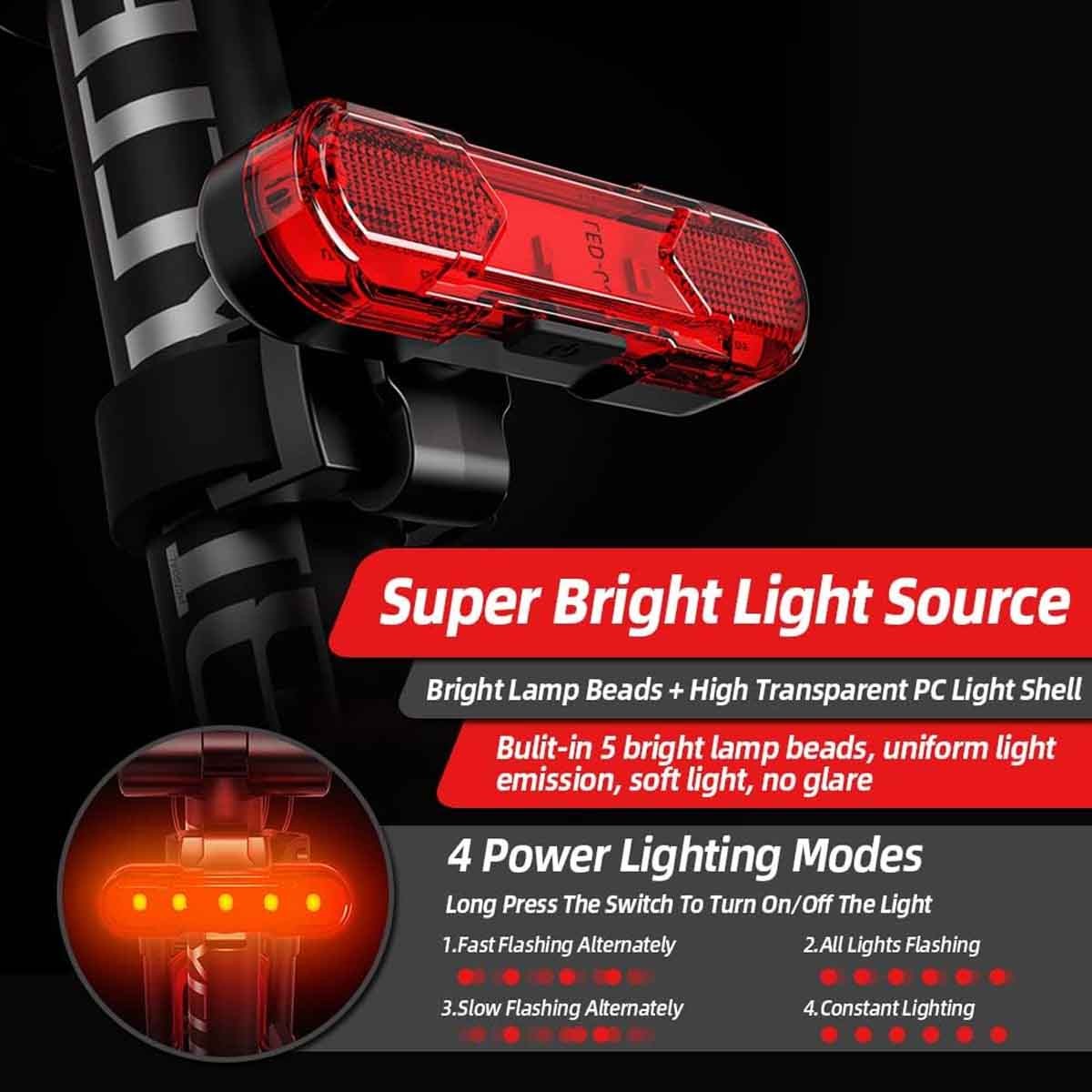 USB Rechargeable Bike Front and Rear LED Headlight Set - Waterproof Cycling Lights