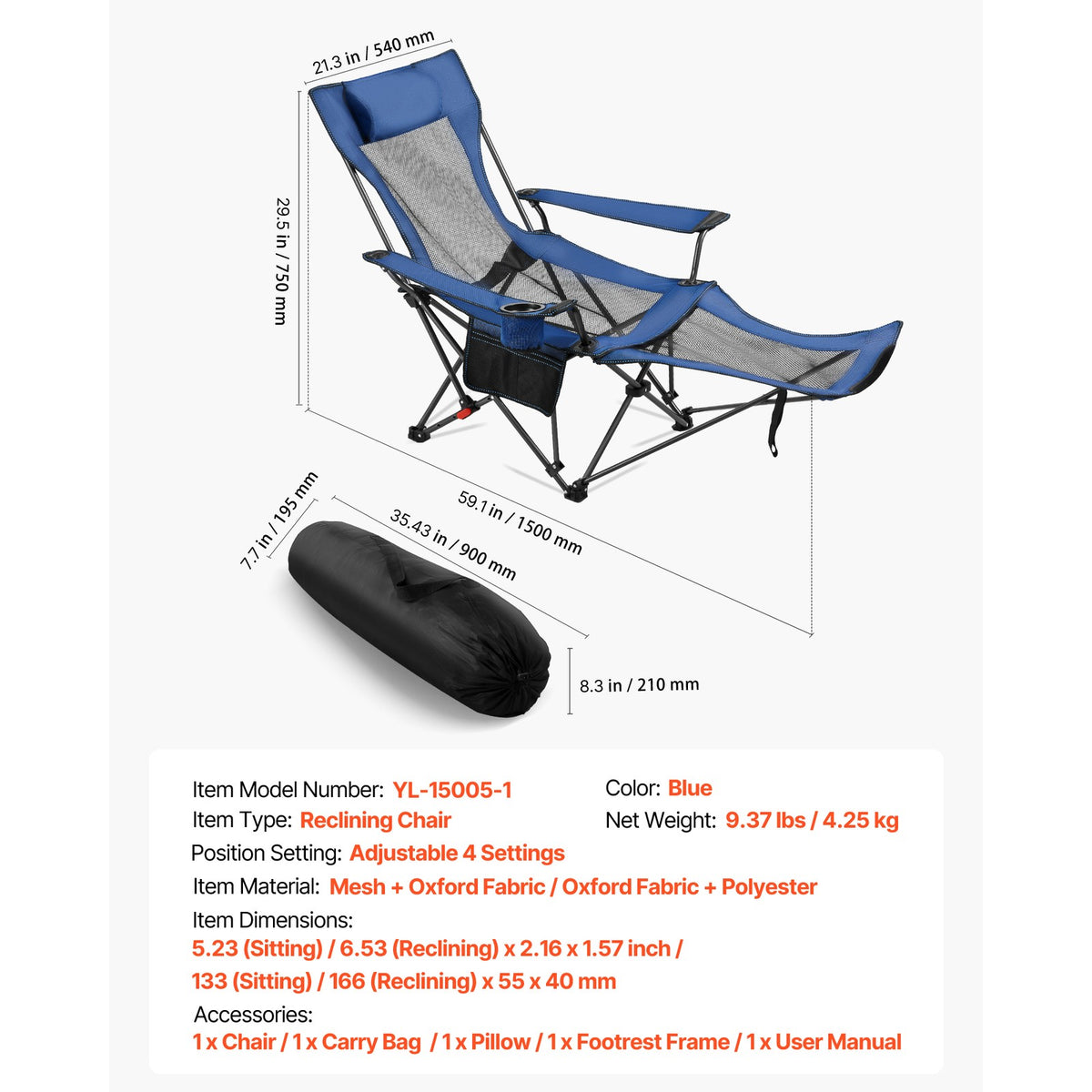 Heavy-Duty Portable Folding Camping Chair with Recline and Footrest - Blue