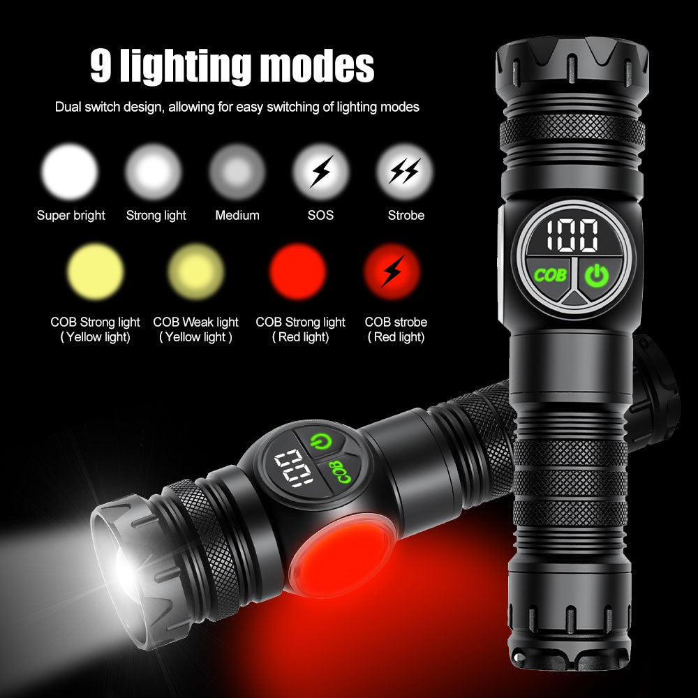 Rechargeable LED Hunting Flashlight with COB Yellow Red Light Zoomable Torch