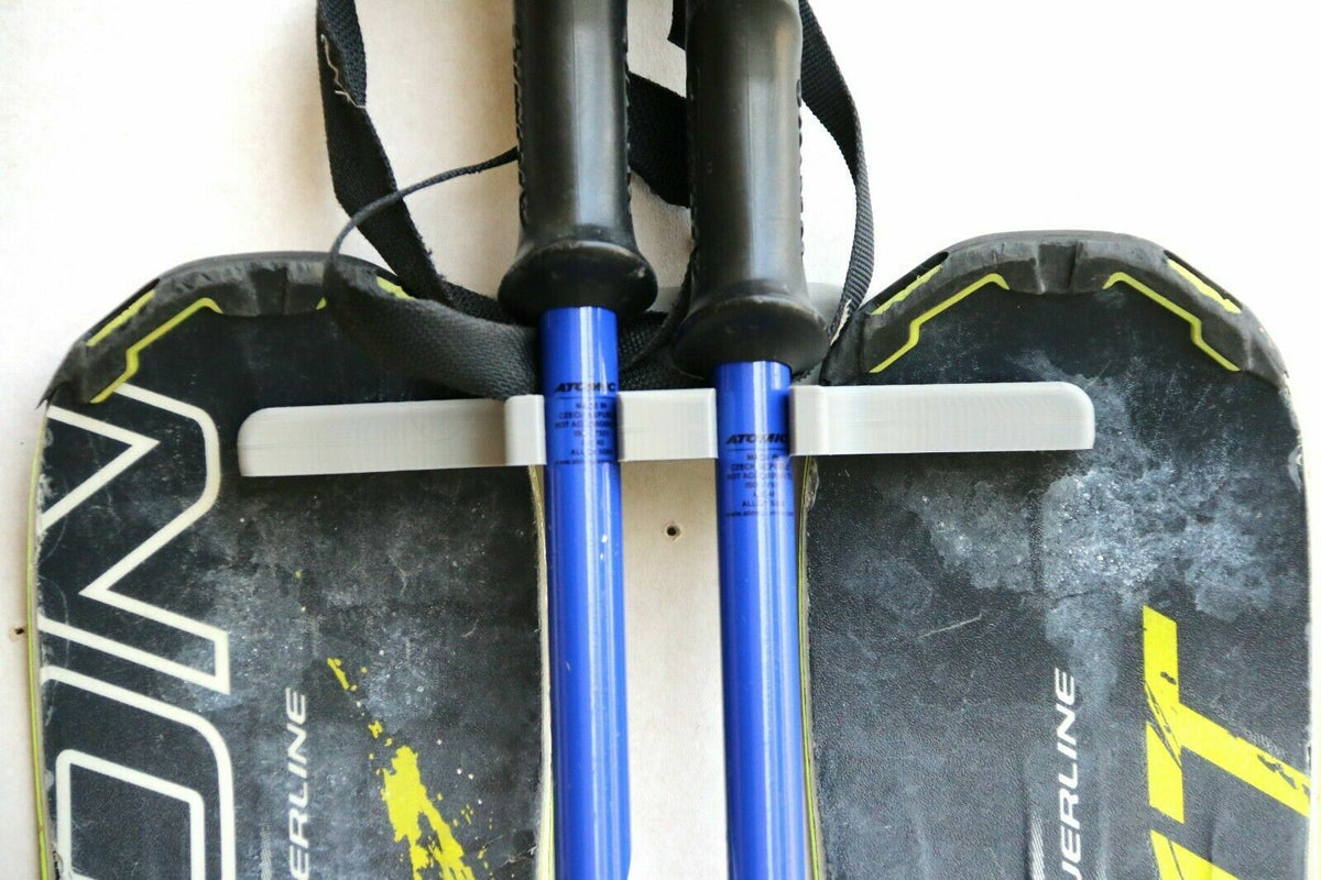 3D Printed Ski Wall Mount Holder Silver PLA Plastic | Ski Equipment Organizer