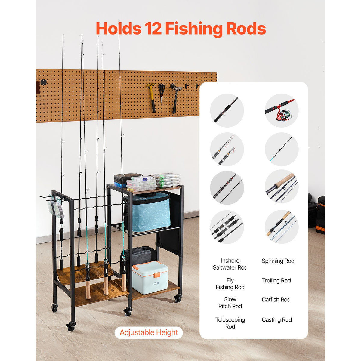 12-Pole Fishing Rod Holder Cart with Wheels for Garage & Storage
