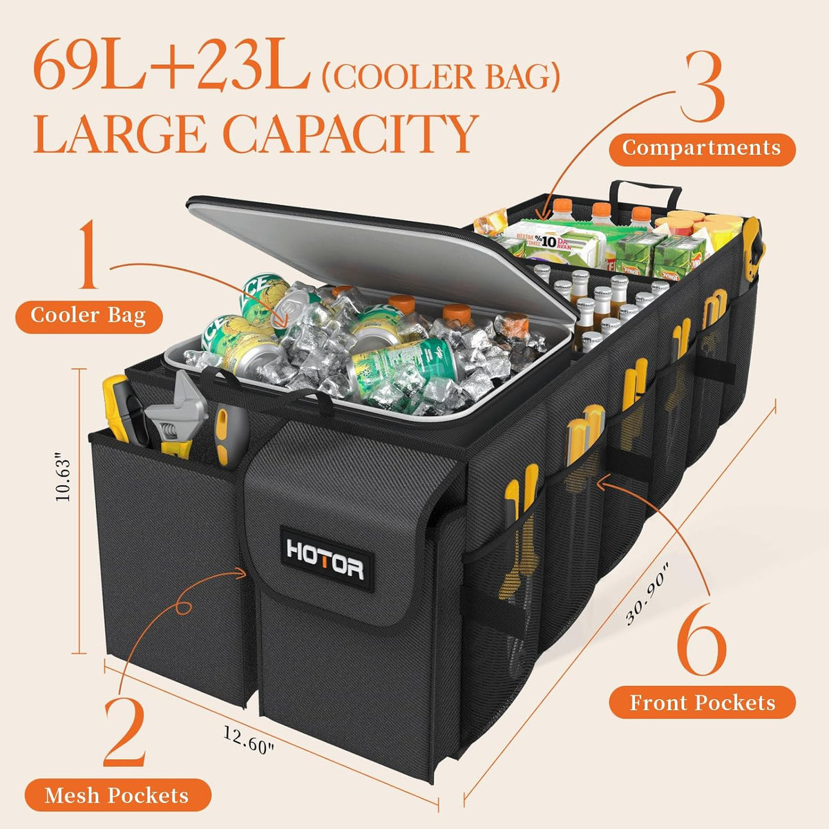 Car Trunk Organizer with Cooler, Foldable 3 Compartments, Heavy Duty Storage