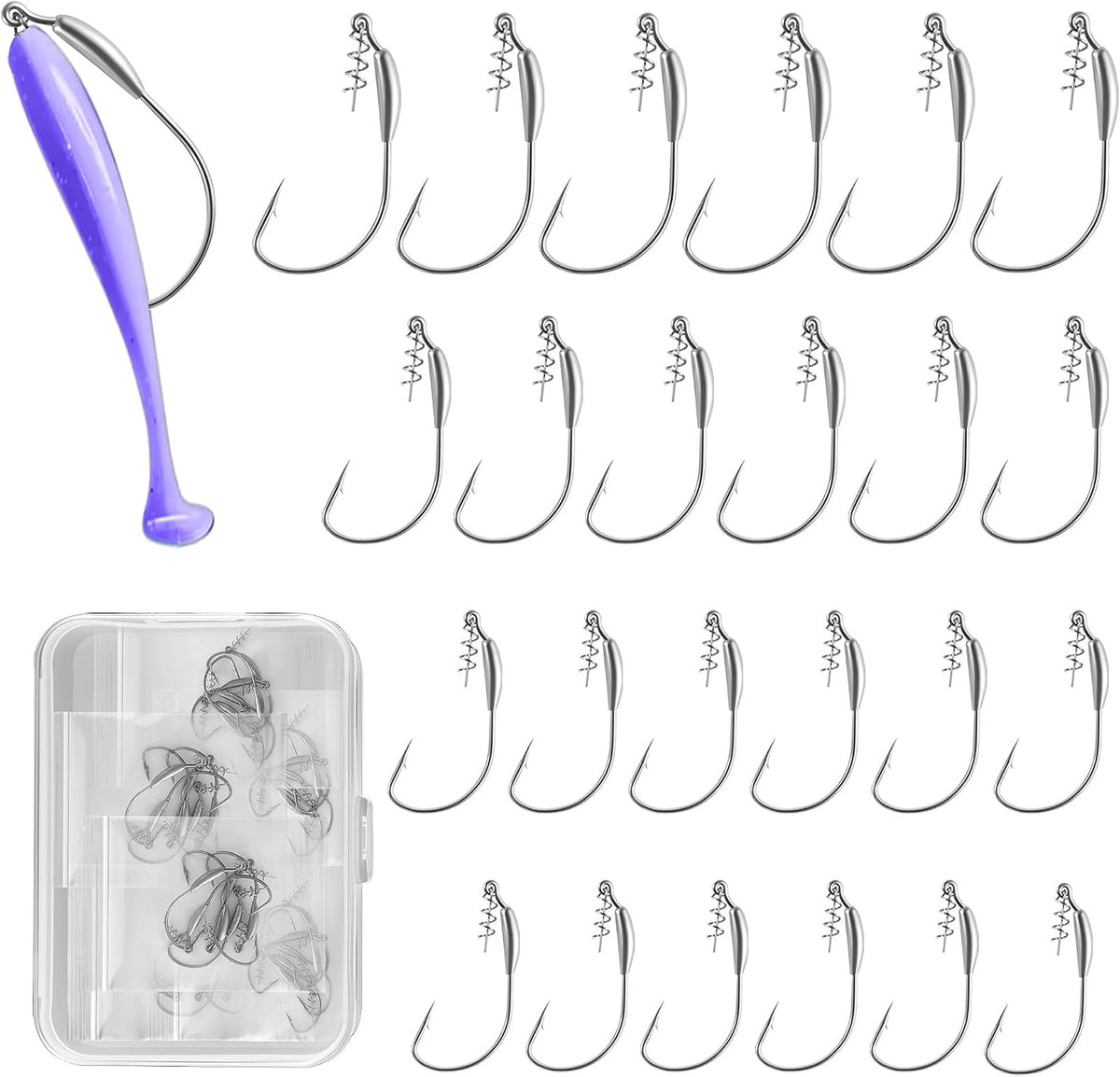 Weighted Fishing Hooks Set 24 Pcs with Screw Lock Weedless for Soft Baits