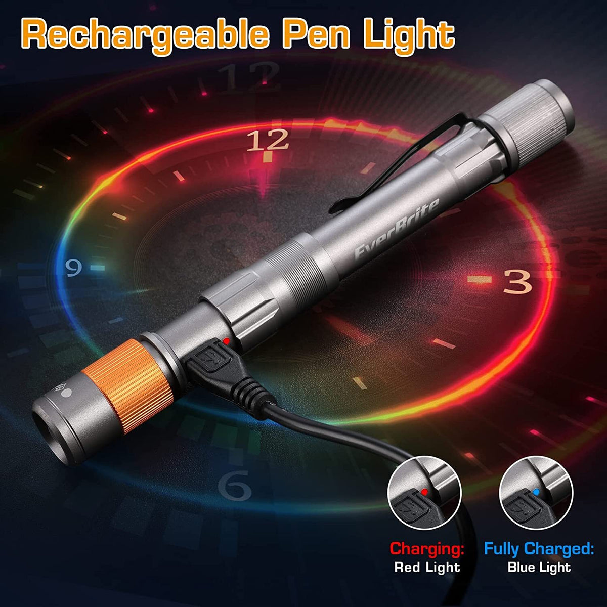 Rechargeable LED Pen Light Flashlight Water Resistant Aluminum Compact