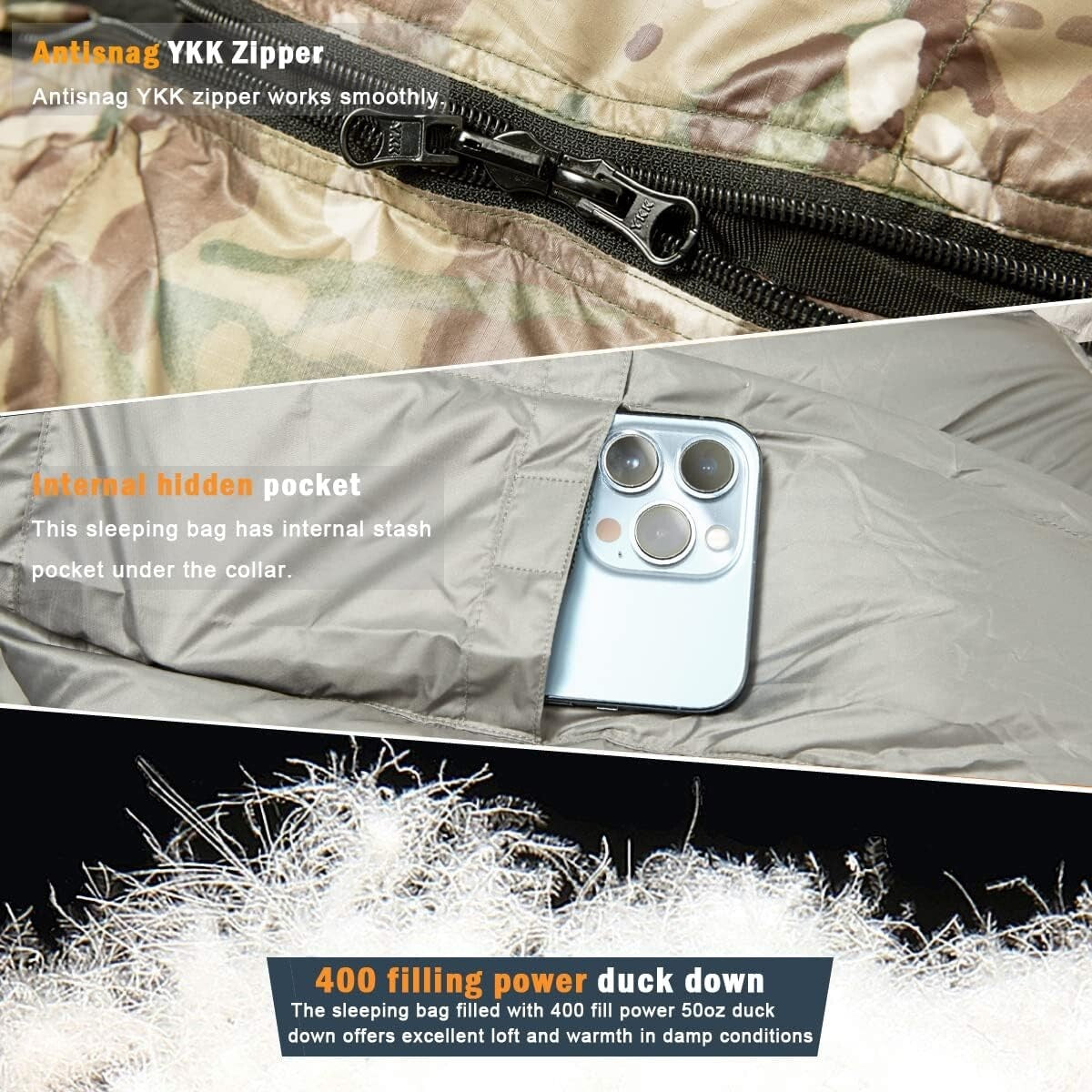 Cold Weather Goose Down Sleeping Bag - -13°F Mummy System with Waterproof Shell
