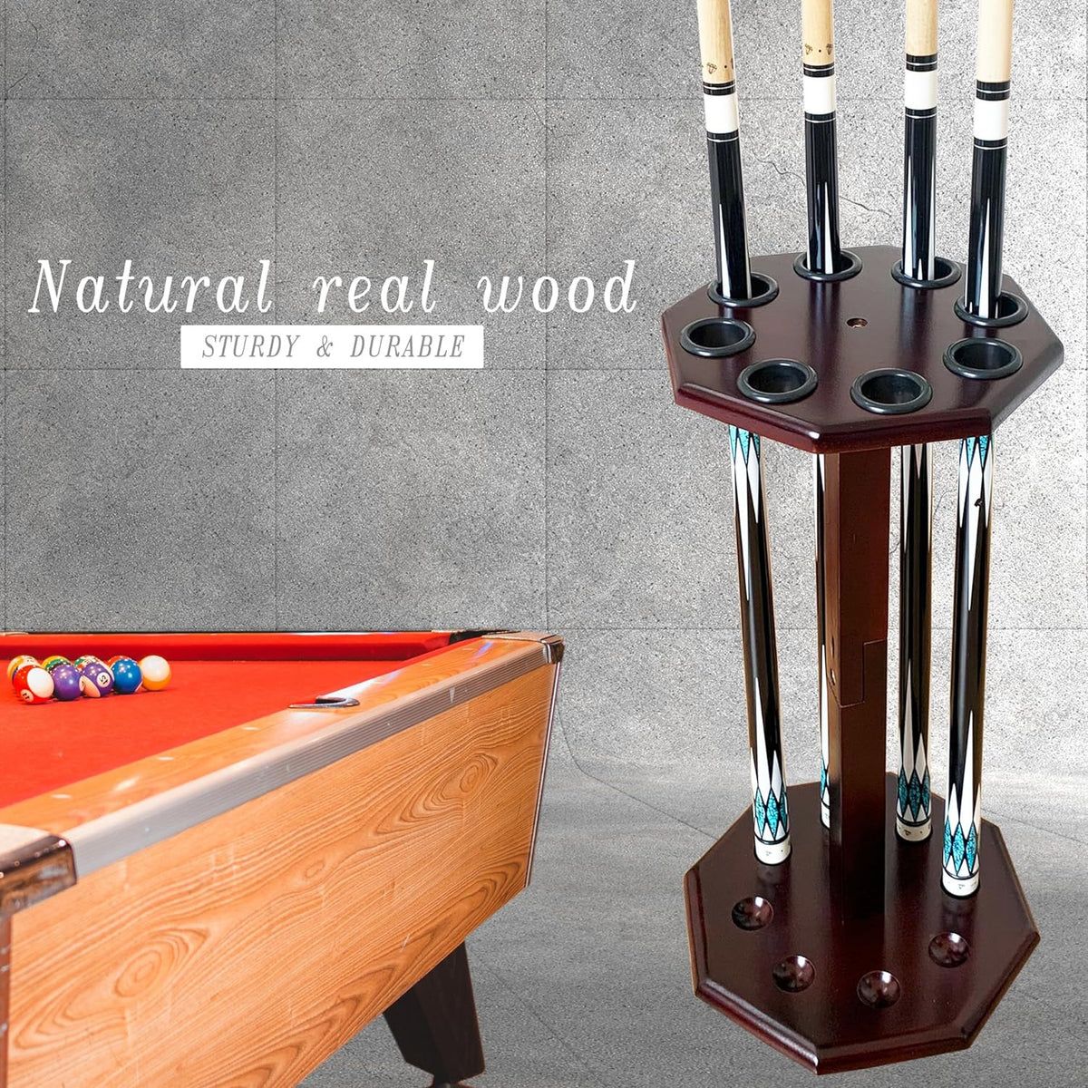 Freestanding Billiard Cue Rack – Holds 8 Cues, Floor Wood Stand