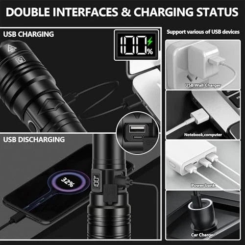 Rechargeable LED Flashlight 1500000LM Waterproof Zoom Fire Starter