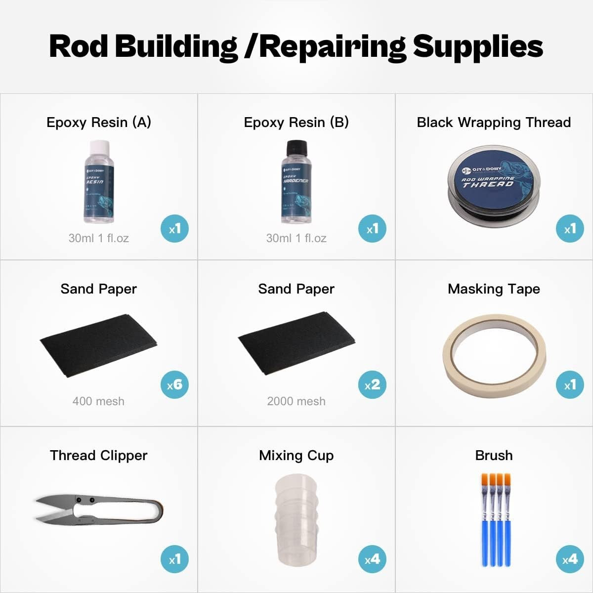 Fishing Rod Repair Kit with Epoxy Glue, Wrapping Thread, Clipper & Masking Tape