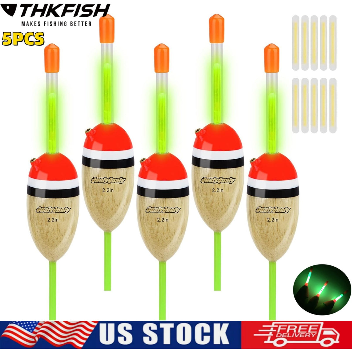 Lighted Fishing Floats Set with Glow Sticks for Night Fishing - 5 Pcs