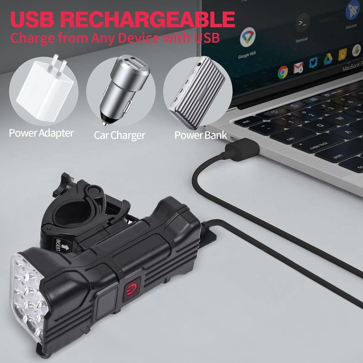 USB Rechargeable LED Bike Light Set with Horn Waterproof Front and Rear Cycling Lamps