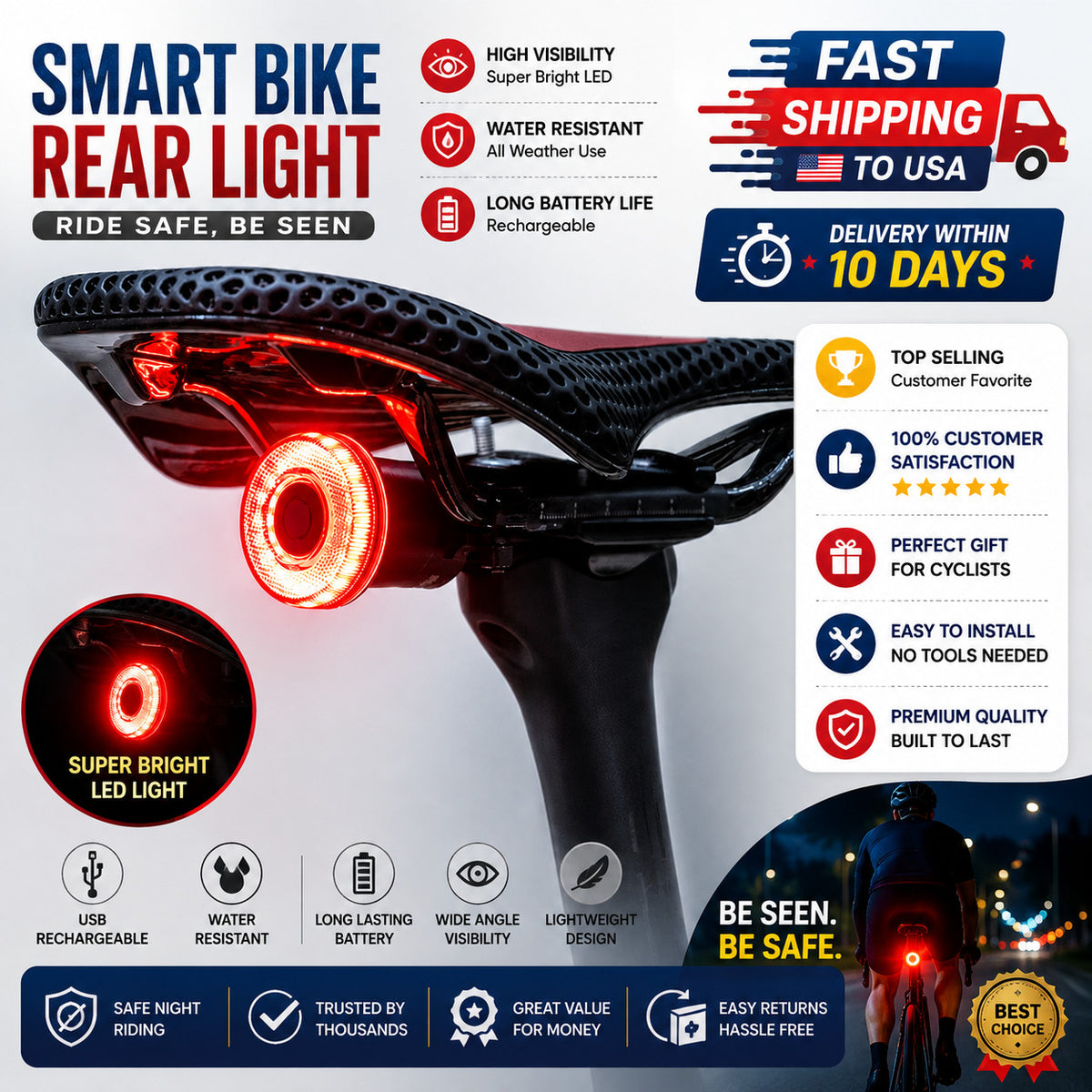 Rechargeable Smart Bike Tail Light with Brake Sensor Waterproof LED Lamp