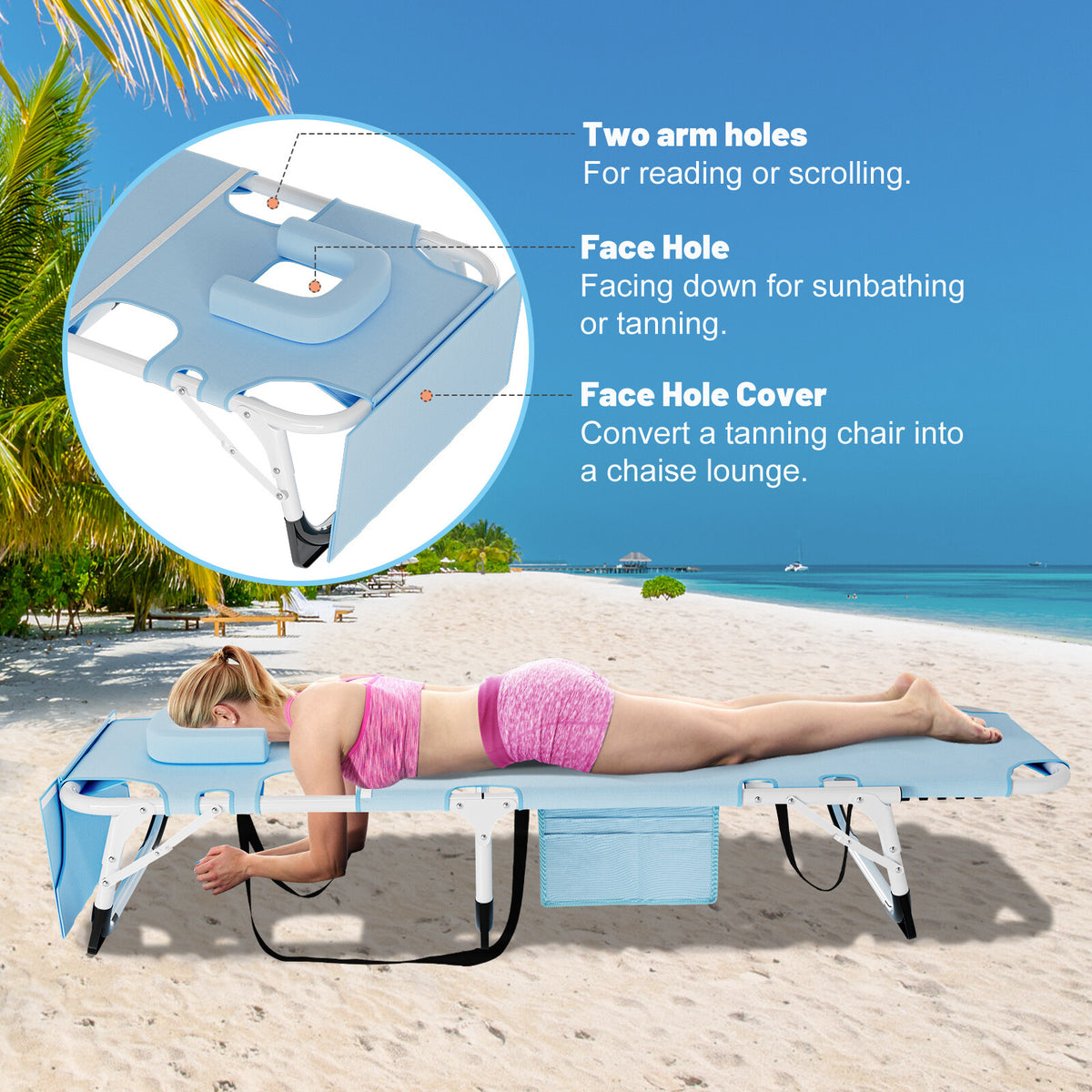 Heavy Duty Tanning Chair with Face Hole - Adjustable Folding Outdoor Lounge Bed