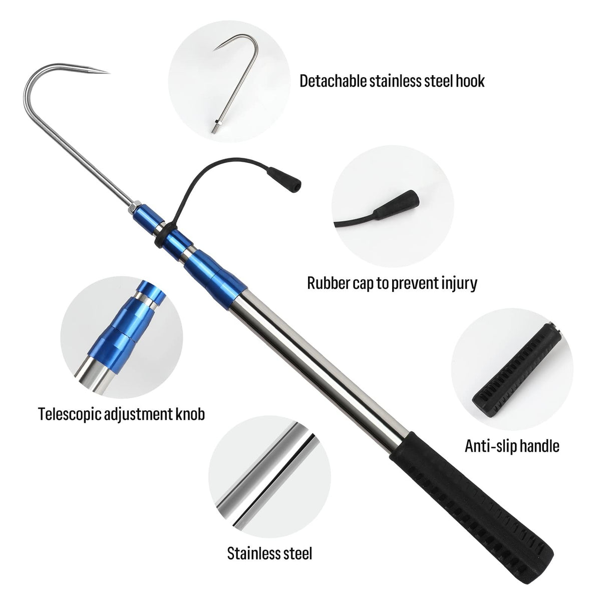 Telescopic Fishing Gaff with Sharp Hook - Stainless Steel, Adjustable Length