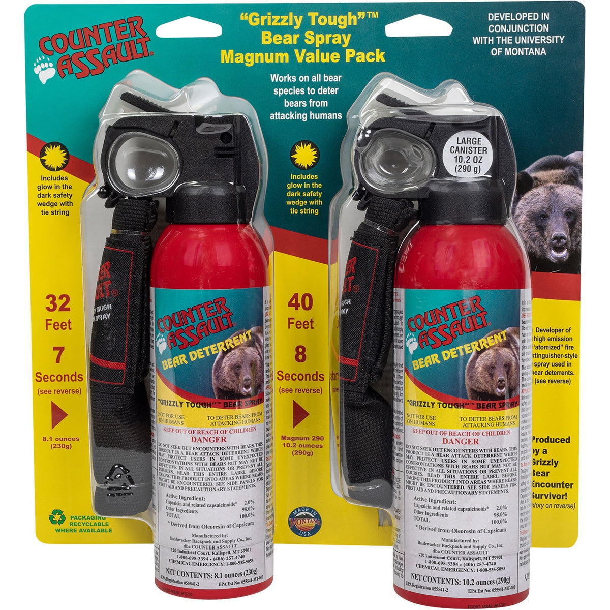 Bear Spray Combo Pack with 2 Canisters - 32 & 44 Feet Range, Holsters