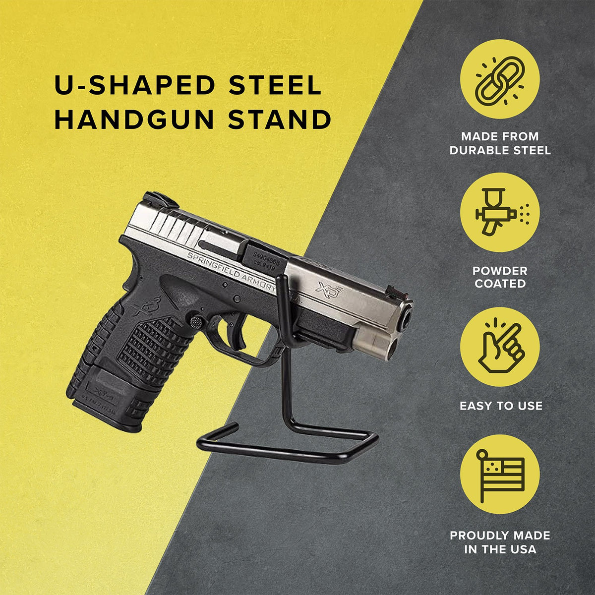 Universal Handgun Display Stand for Semi Auto & Revolver - Powder Coated Steel
