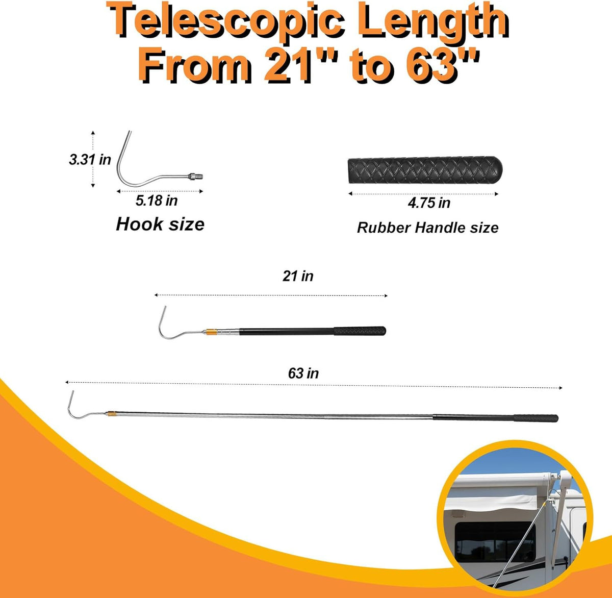 Portable Telescoping Awning Opener Pole - 63-Inch RV Sunshade Hook Tool