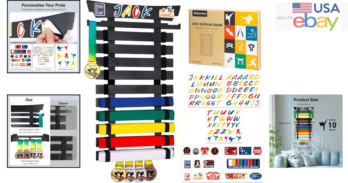Personalized Martial Arts Belt Display Rack with 10 Belt Capacity and Sticker Set