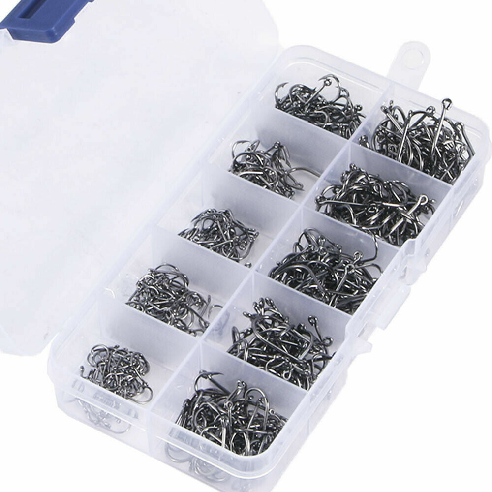 1000PCS Fishing Hooks Set - 10 Sizes Barbed Saltwater & Freshwater Tackle Kit with Storage Box
