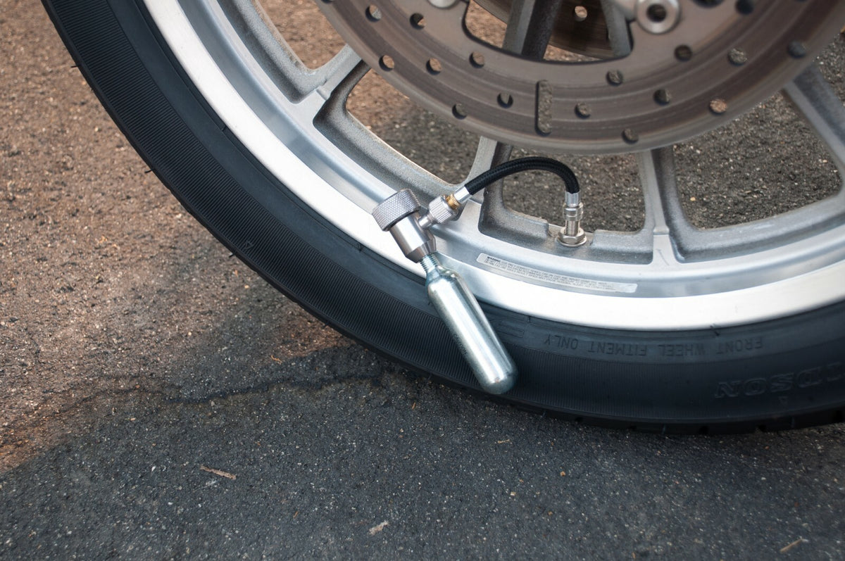 Motorcycle and ATV Tubeless Tire Repair Kit with CO2 Canisters - Portable Emergency Flat Fix