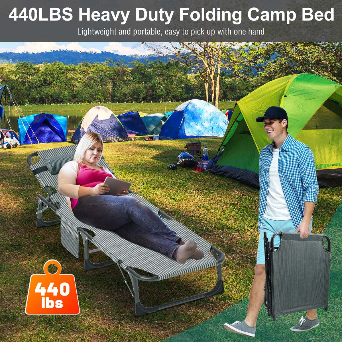 Adults Folding Camping Cot with Adjustable Headrest and Mattress