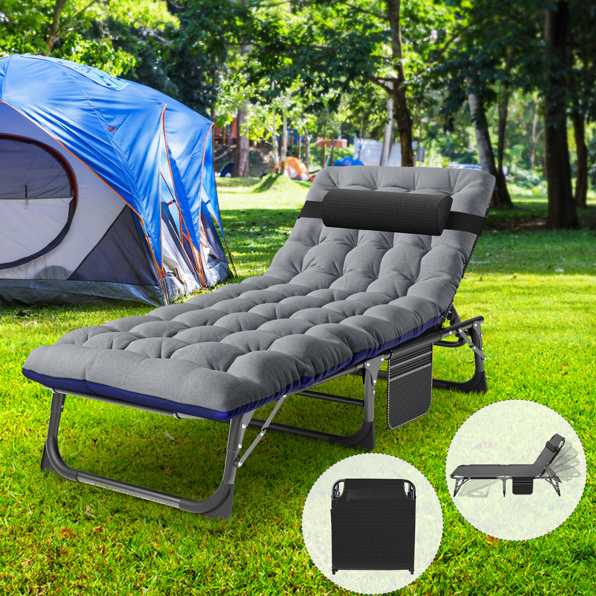 Adults Folding Camping Cot with Adjustable Headrest and Mattress