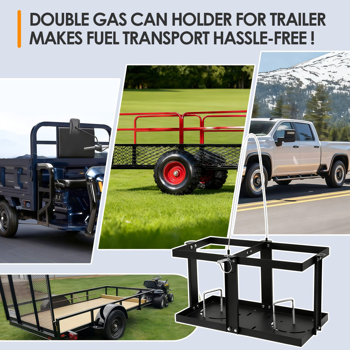 Fuel Jug Holder for Trailer - Holds Two 5-5.5 Gallon Gas Cans with Locking Strap