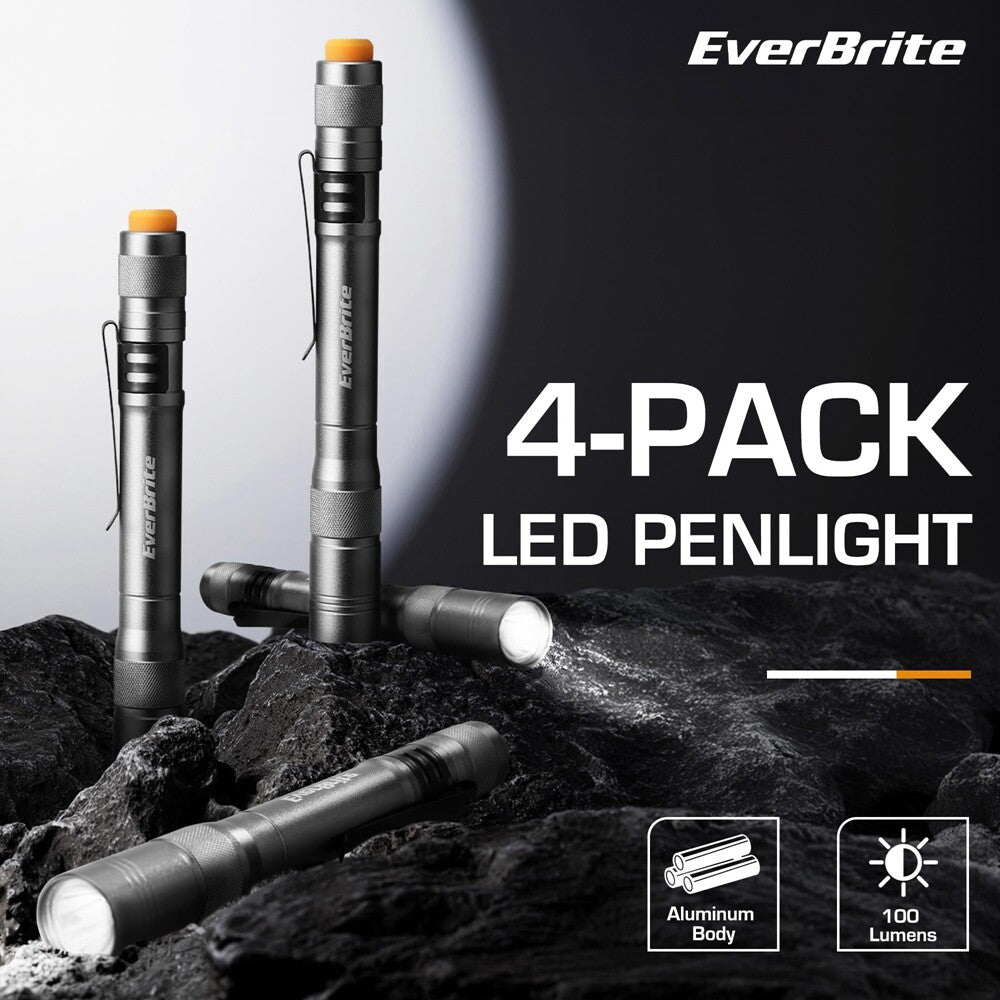 LED Pocket Flashlights 4-Pack with Aluminum Body, Clip, 100 Lumens