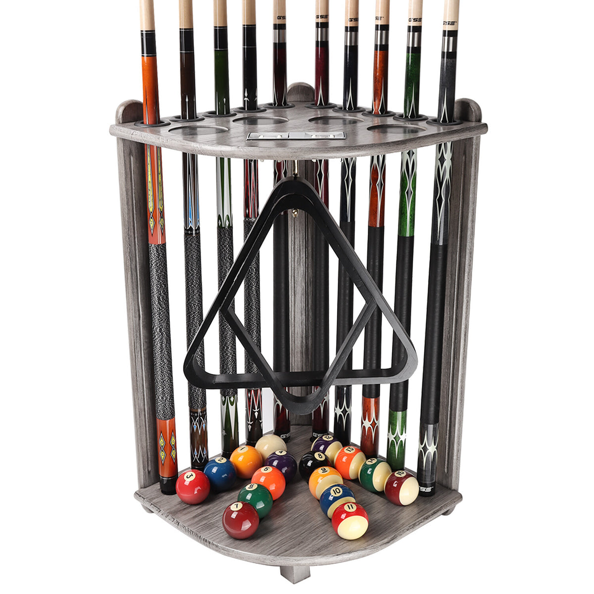10-Cue Corner Floor Pool Cue Rack, Solid Wood Stand with Score Counters